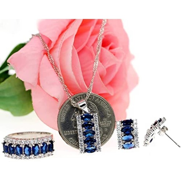 Sapphire Crystal Necklace Earring Ring Set CZ Cubic Rhinestone Necklace Ring Ear - Picture 6 of 8